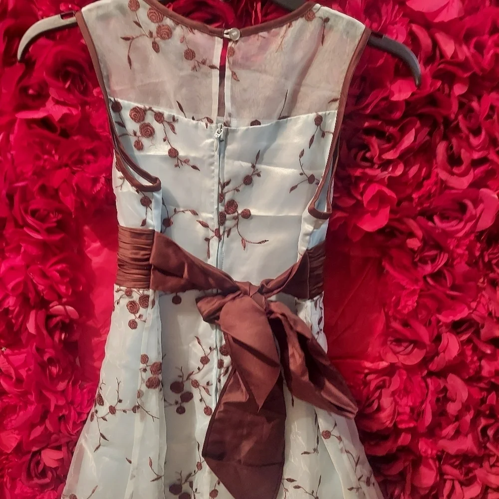 Bonnie Jean Girls Size 12 Formal Dress Brown/Light Blue Dress with Floral Design